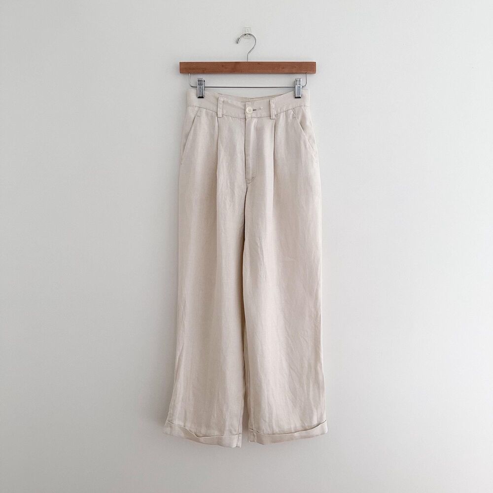 Vintage GAP 100% Linen Trousers Cream Linen High Rise Wide Leg Pants Size XS